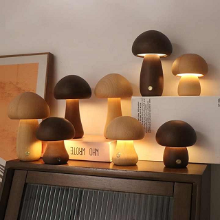 Lámpara de LED de madera y forma de seta - Recargable y portátil