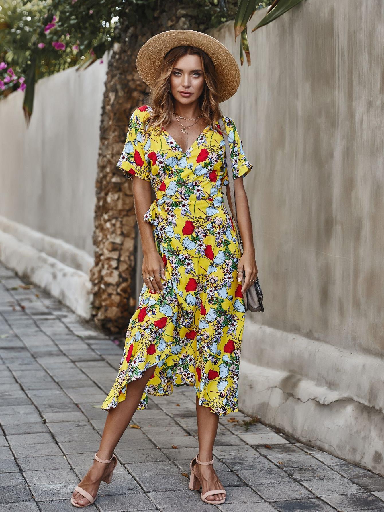 Vestido de playa floral con escote en V para mujer