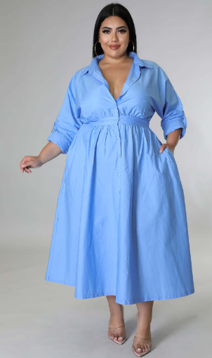 Vestido camisero de manga larga de color liso para mujer de tallas grandes
