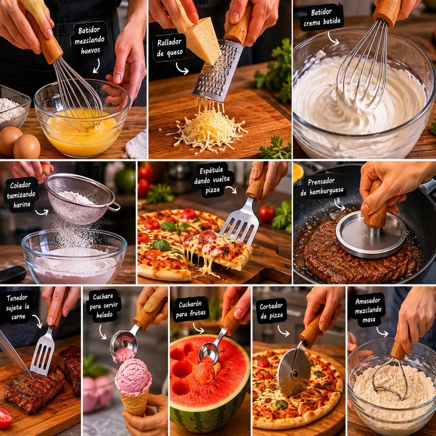Juego de doce utensilios de cocina de acero inoxidable