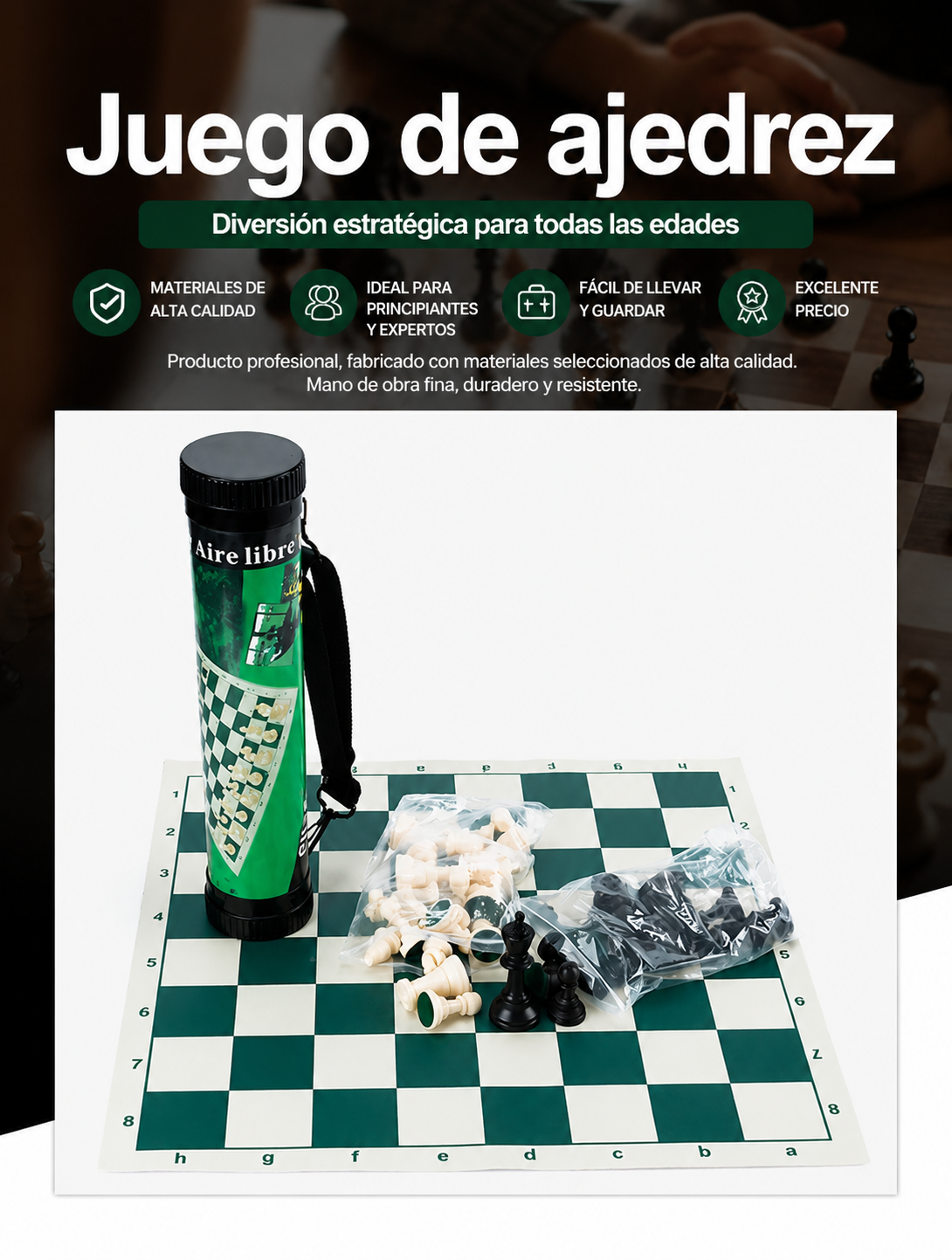 Juego de ajedrez portátil para exteriores con piezas de cuero sintético.