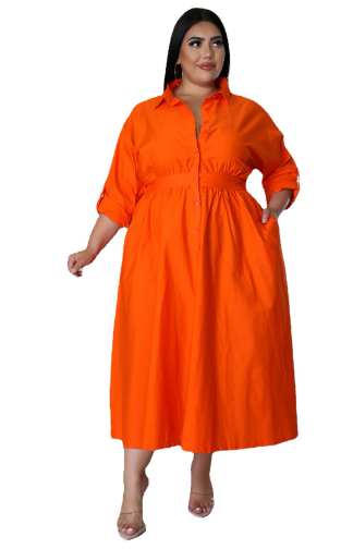 Vestido camisero de manga larga de color liso para mujer de tallas grandes