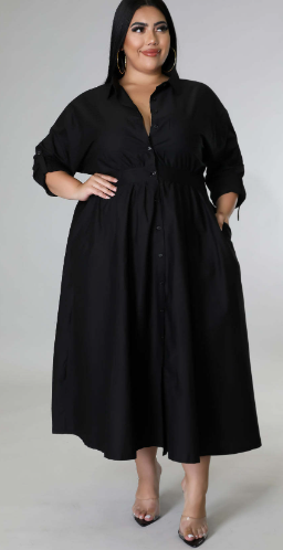 Vestido camisero de manga larga de color liso para mujer de tallas grandes