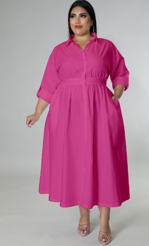 Vestido camisero de manga larga de color liso para mujer de tallas grandes