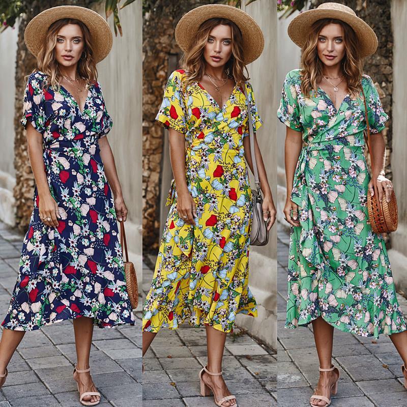 Vestido de playa floral con escote en V para mujer