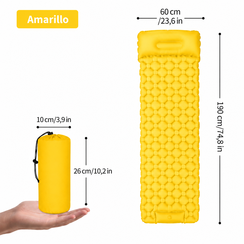 Colchoneta inflable ultraligera y portátil para acampar.