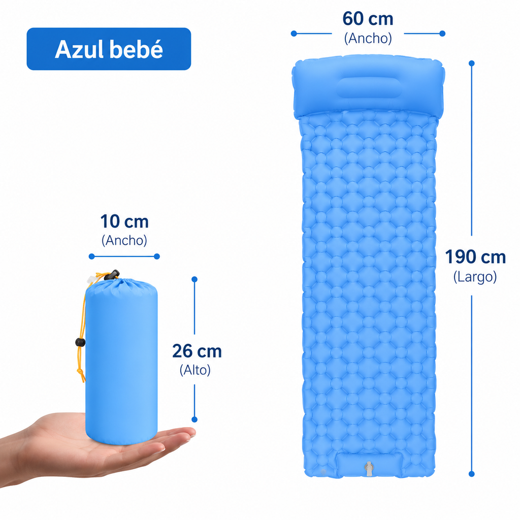 Colchoneta inflable ultraligera y portátil para acampar.