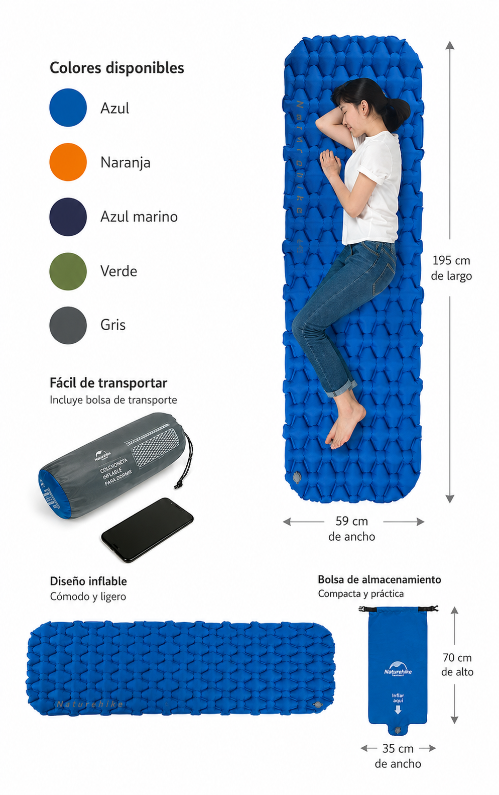 Colchoneta inflable ultraligera y portátil para acampar.
