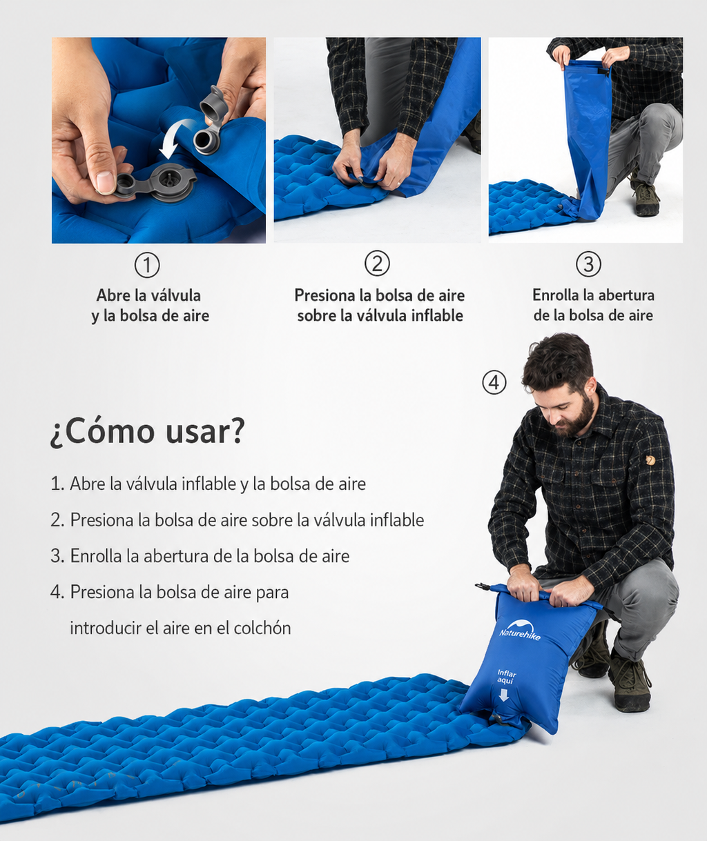 Colchoneta inflable ultraligera y portátil para acampar.