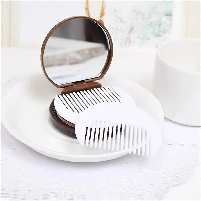 Espejo de maquillaje redondo plegable portátil con peine