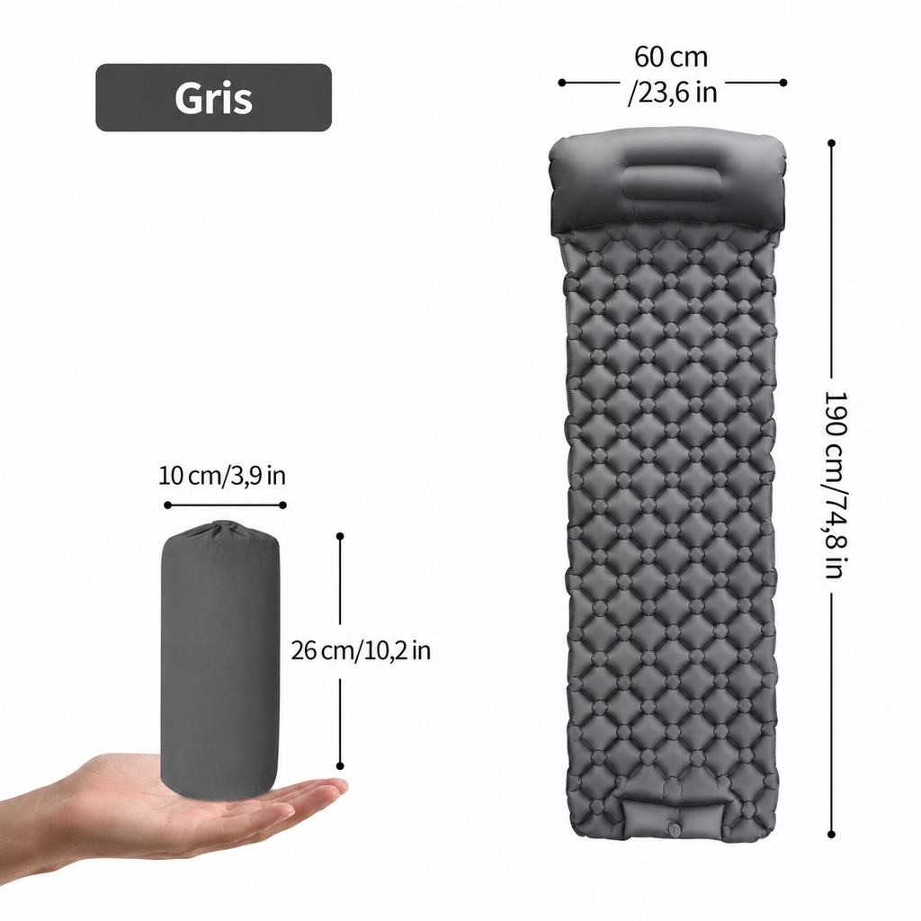 Colchoneta inflable ultraligera y portátil para acampar.