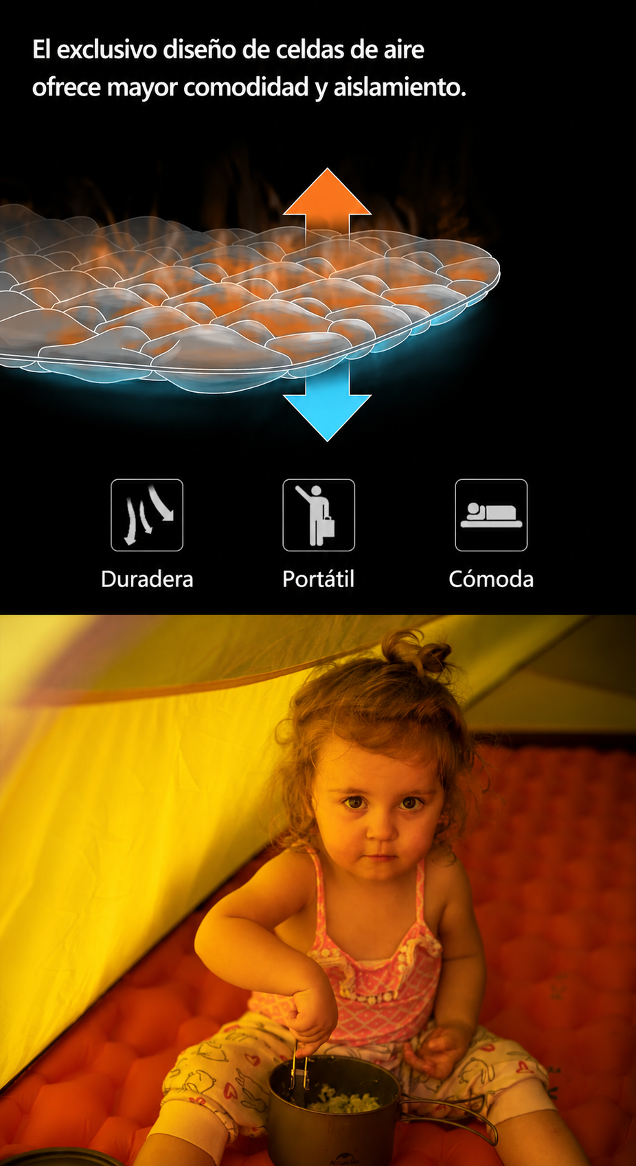 Colchoneta inflable ultraligera y portátil para acampar.