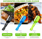 Descamador de pescado de acero inoxidable con tapa para uso en la cocina.