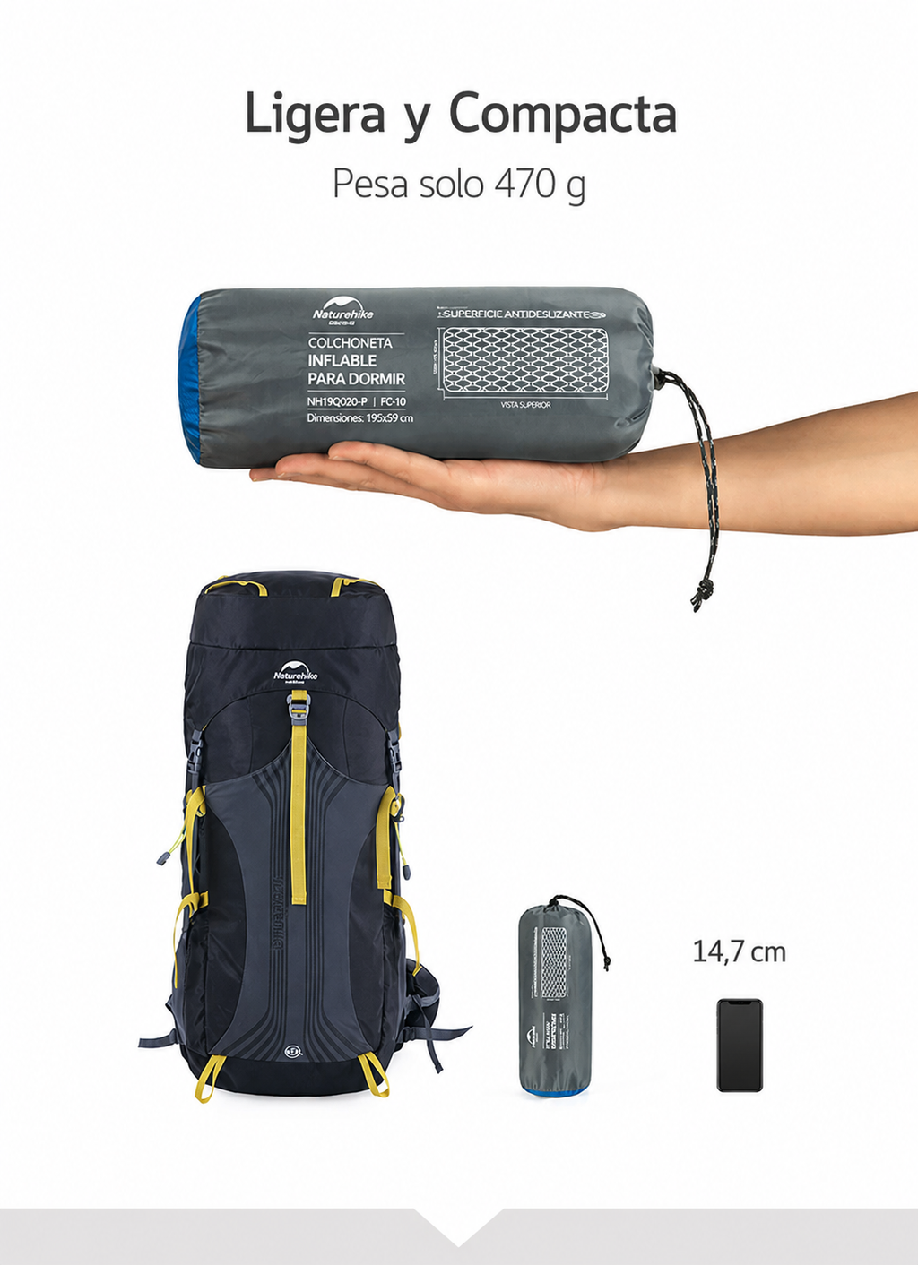 Colchoneta inflable ultraligera y portátil para acampar.
