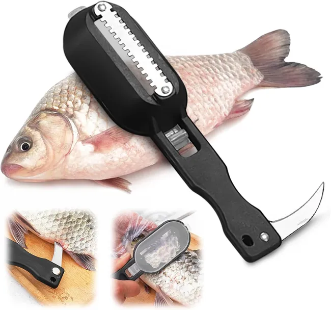 Descamador de pescado de acero inoxidable con tapa para uso en la cocina.