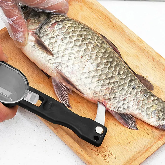 Descamador de pescado de acero inoxidable con tapa para uso en la cocina.