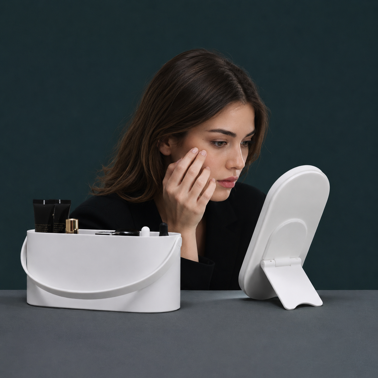 Espejo de maquillaje LED portátil con almacenamiento