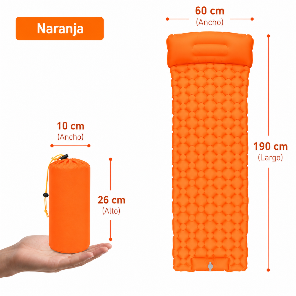 Colchoneta inflable ultraligera y portátil para acampar.