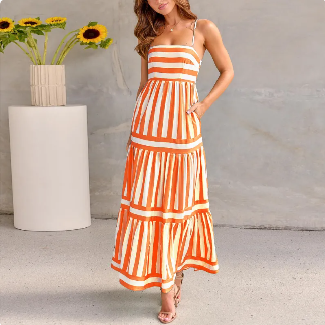 Vestido largo de verano a rayas con bolsillos – de tirantes sin espalda