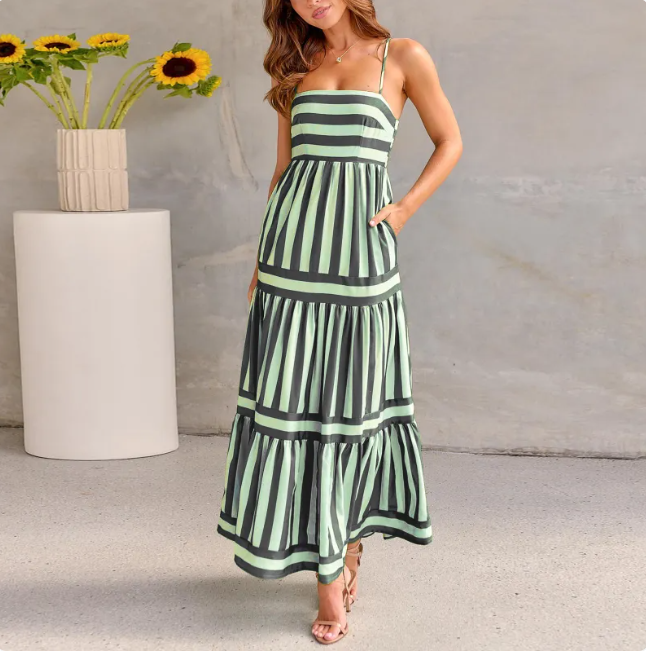 Vestido largo de verano a rayas con bolsillos – de tirantes sin espalda