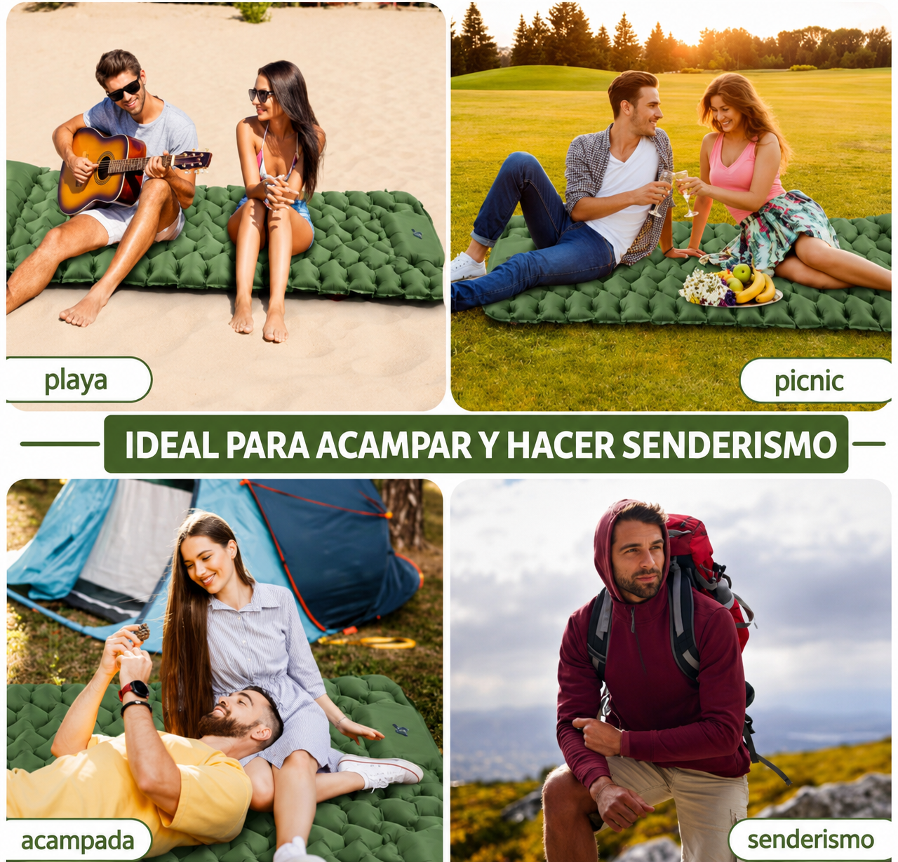 Colchoneta inflable ultraligera y portátil para acampar.