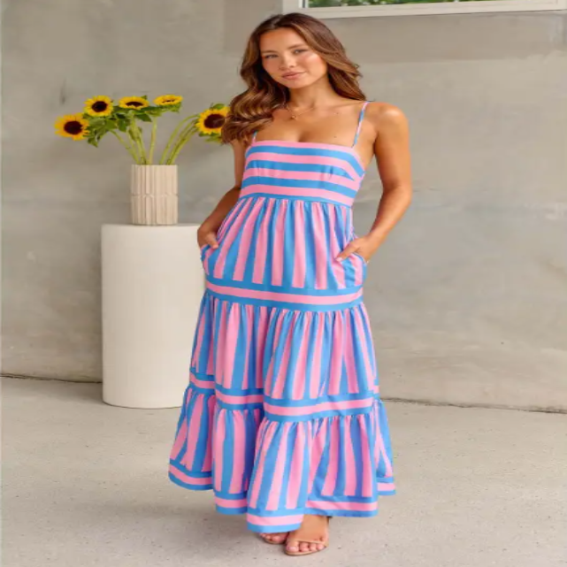 Vestido largo de verano a rayas con bolsillos – de tirantes sin espalda