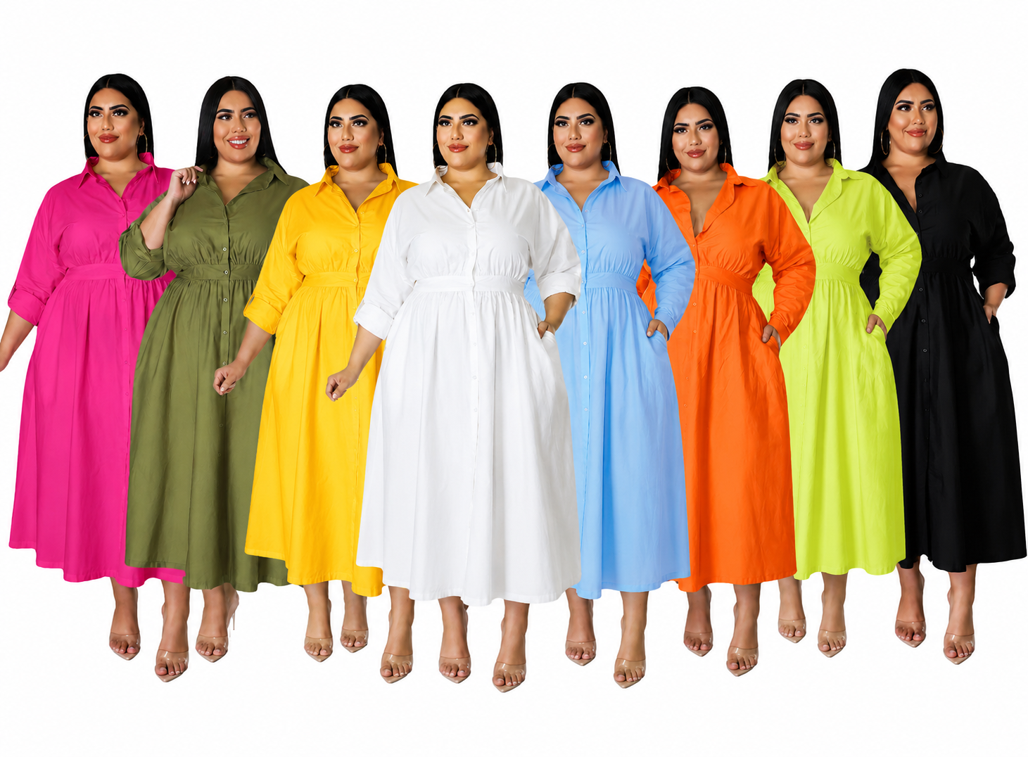 Vestido camisero de manga larga de color liso para mujer de tallas grandes