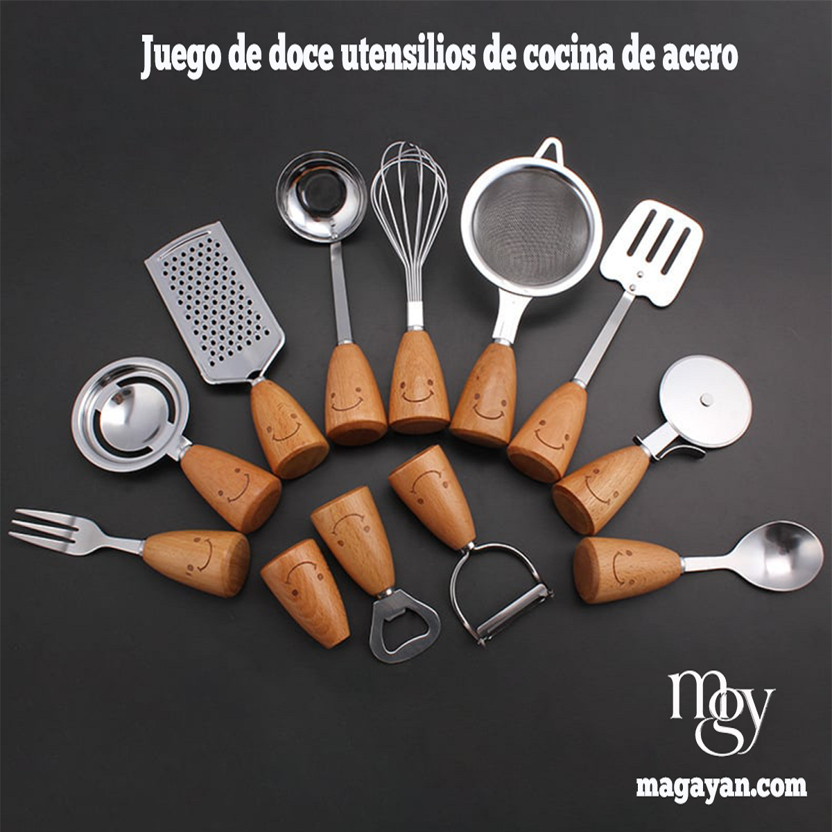 Juego de doce utensilios de cocina de acero inoxidable