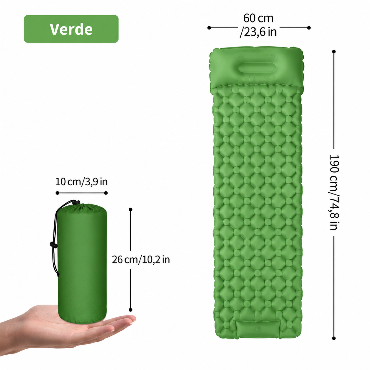 Colchoneta inflable ultraligera y portátil para acampar.